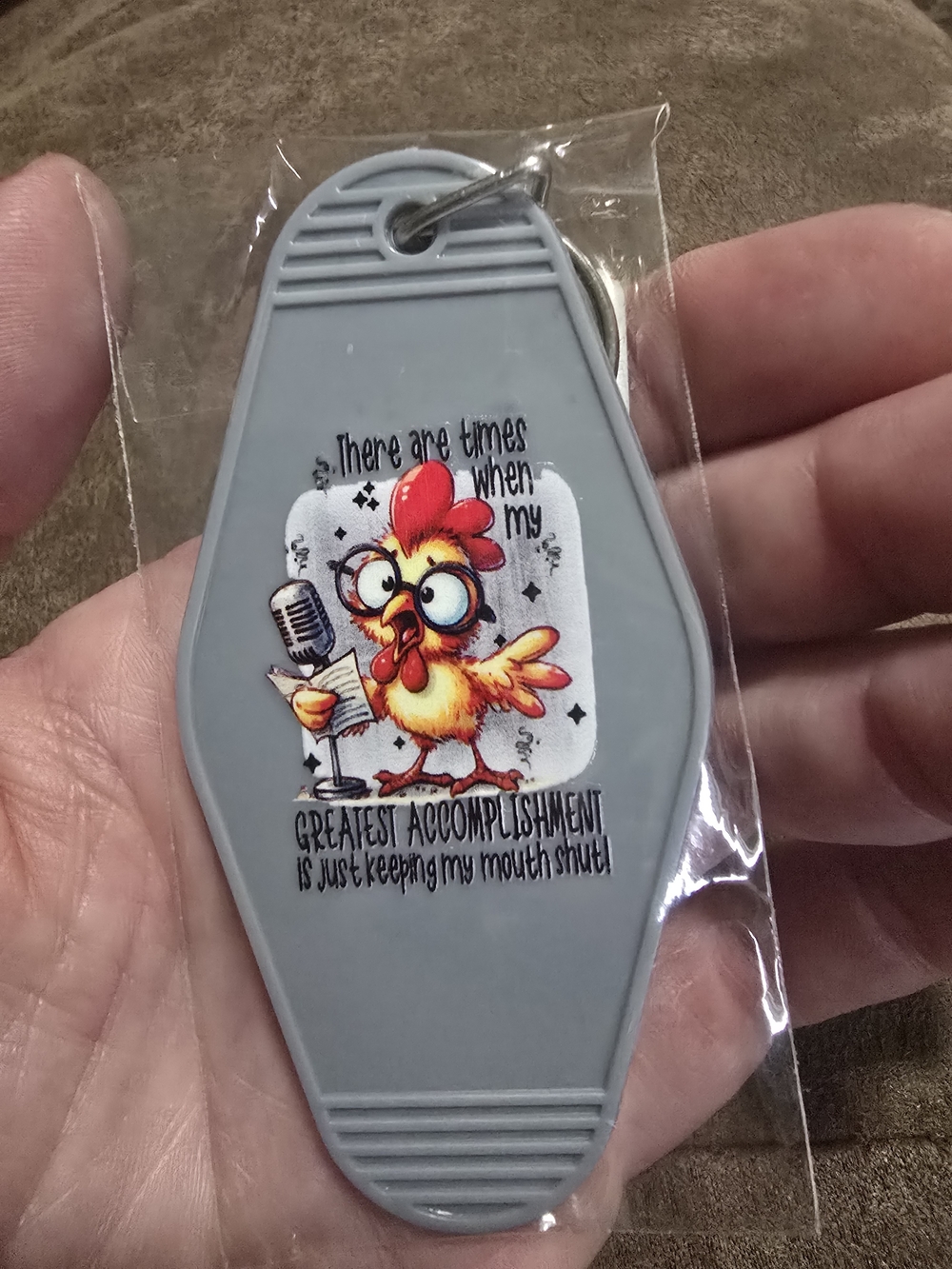 Funny Cartoon Chicken Keychain Tag - Gray with Yellow & Red Chicken